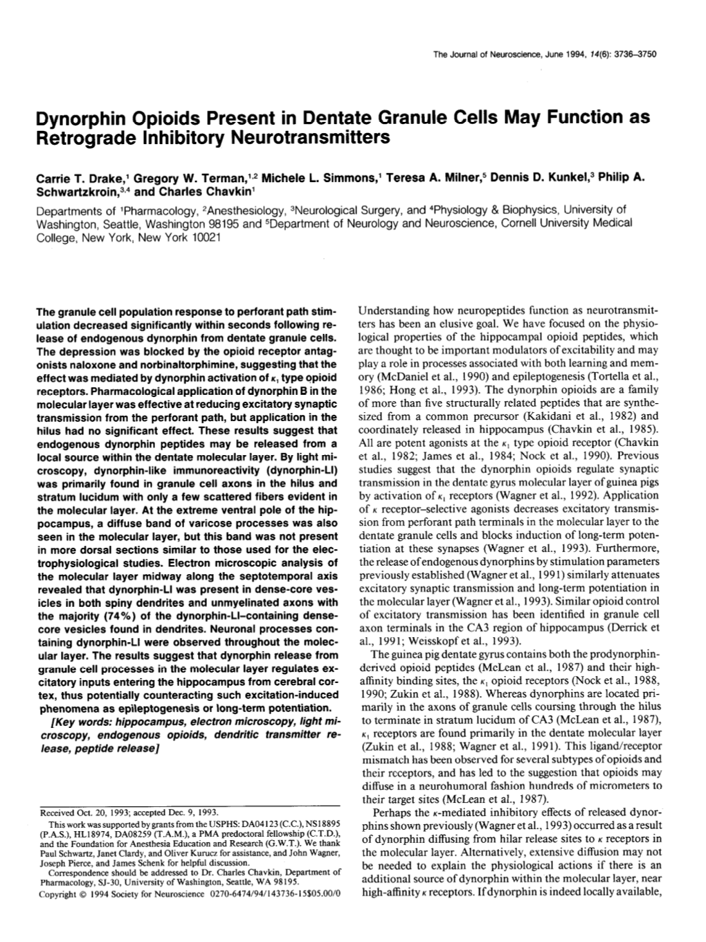 Dynorphin Opioids Present in Dentate Granule Cells May Function As Retrograde Inhibitory Neurotransmitters