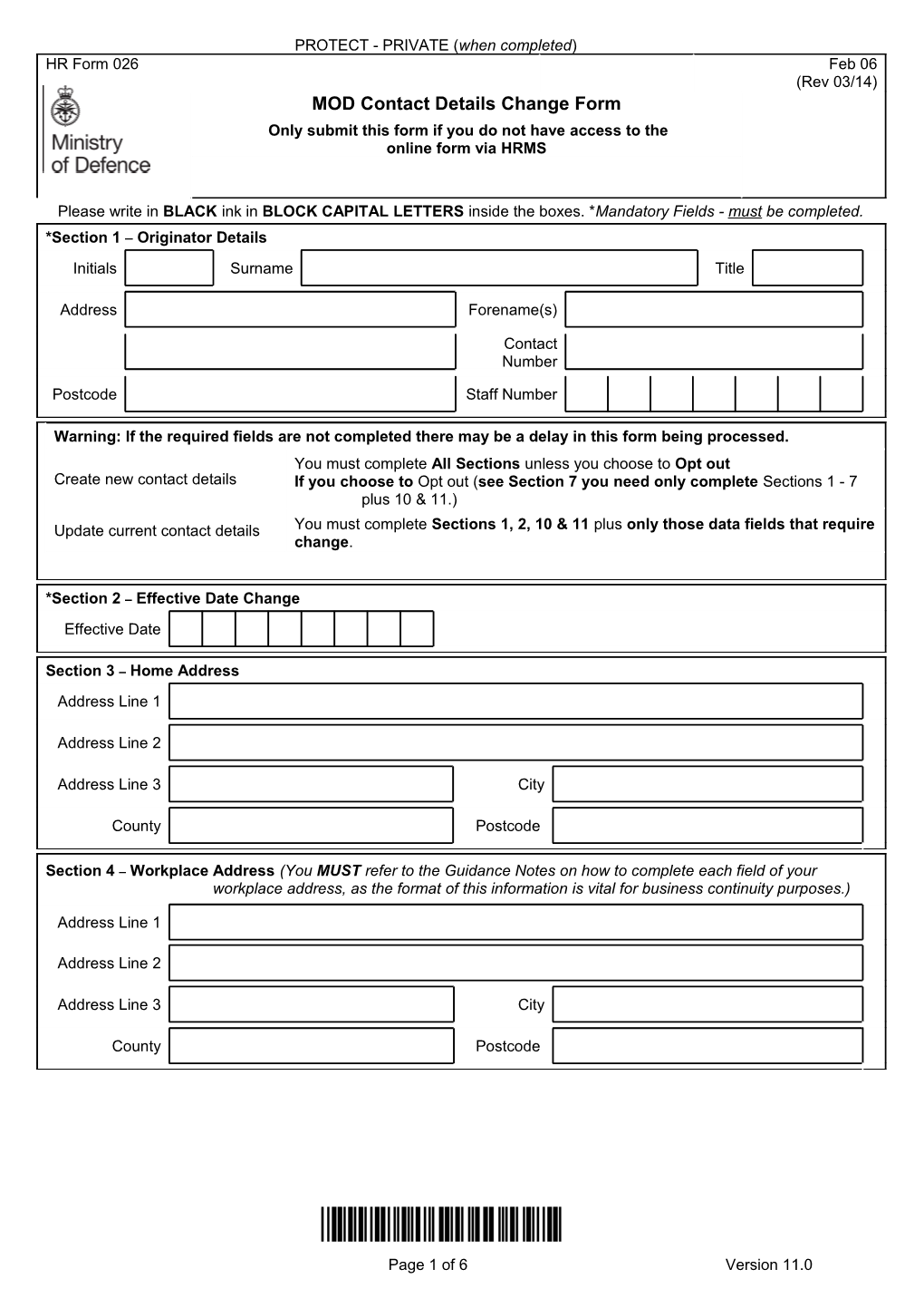 HR Form 026: MOD Contact Details Change Form