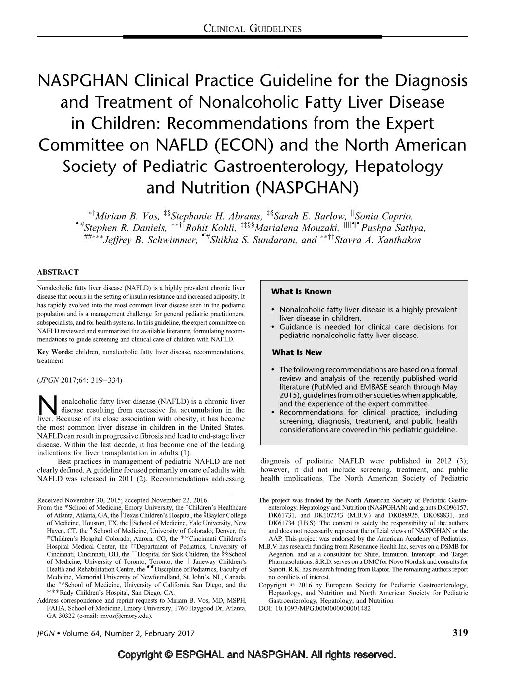 Expert Committee on NAFLD (ECON) and the North American Society of Pediatric Gastroenterology, Hepatology and Nutrition (NASPGHAN)