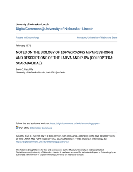 Notes on the Biology of Euphoriaspis Hirtipes (Horn) and Descriptions of the Larva and Pupa (Coleoptera: Scarabaeidae)