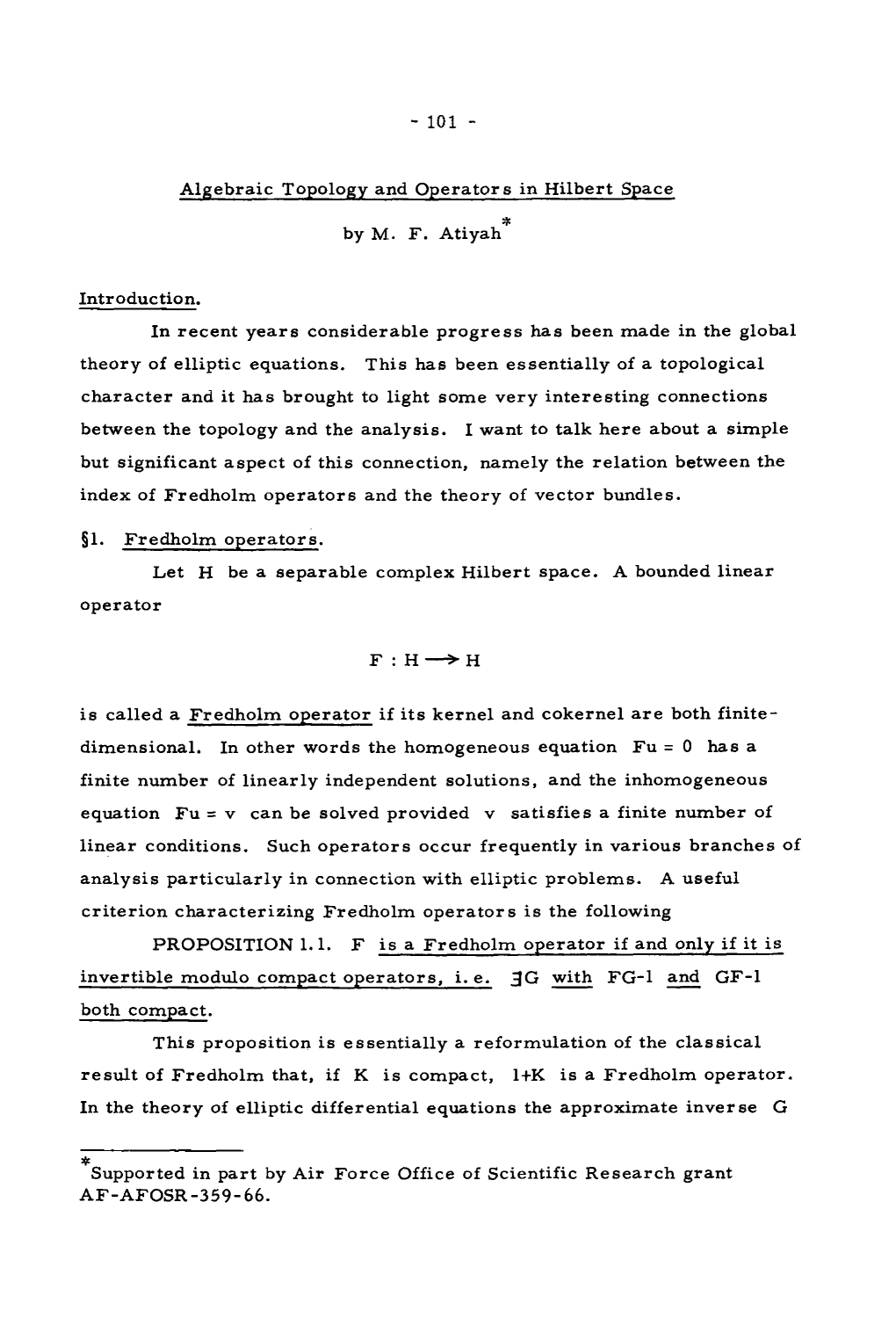 Algebraic Topology and Operators in Hilbert Space