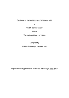 Catalogue Or the David Jones of Wallingon MSS at Cardiff Central