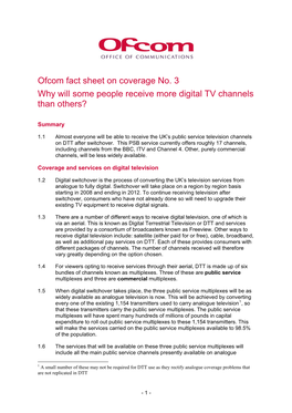 Ofcom Fact Sheet on Coverage No. 3 2 Why Will Some People Receive More Digital TV Channels Than Others?