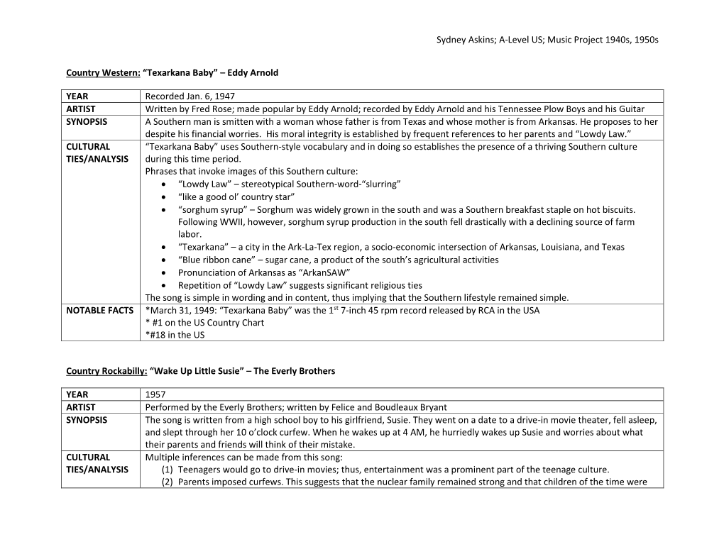 Sydney Askins; A-Level US; Music Project 1940S, 1950S Country Western: “Texarkana Baby” – Eddy Arnold YEAR Recorded Jan