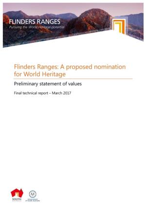 Flinders Ranges: a Proposed Nomination for World Heritage Preliminary Statement of Values