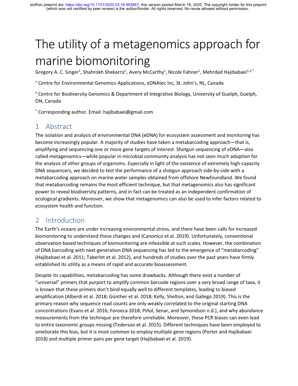 The Utility of a Metagenomics Approach for Marine Biomonitoring Gregory A