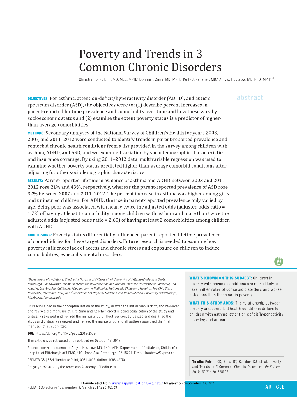 Poverty and Trends in 3 Common Chronic Disorders 3 139 Pediatrics 2017 ROUGH GALLEY PROOF –