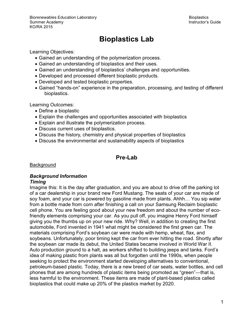 Bioplastics Summer Academy Instructor’S Guide KO/RA 2015