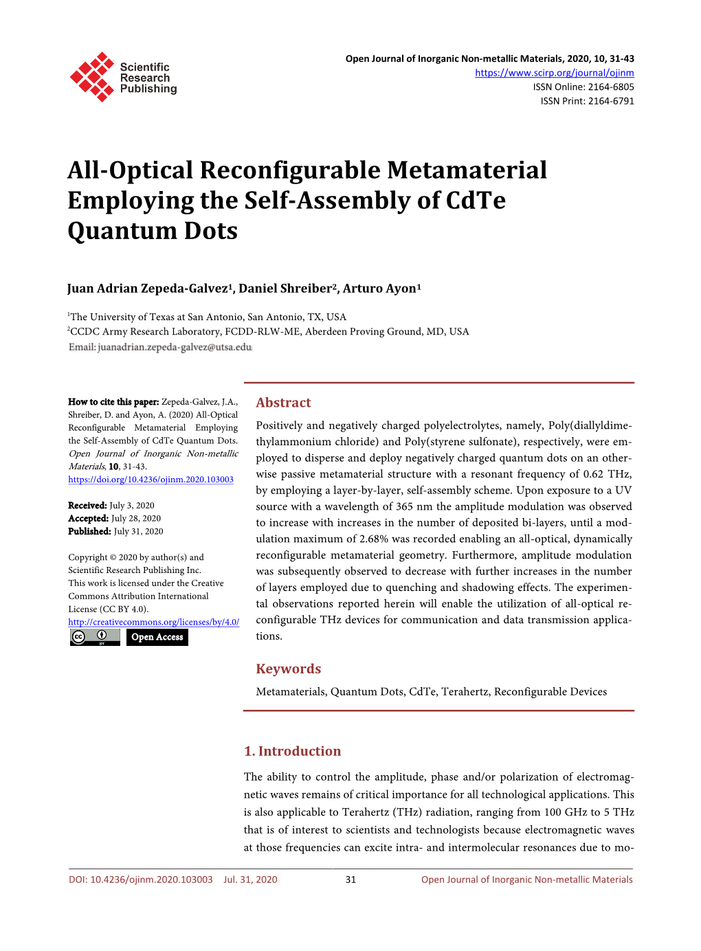 All-Optical Reconfigurable Metamaterial Employing the Self-Assembly of Cdte Quantum Dots