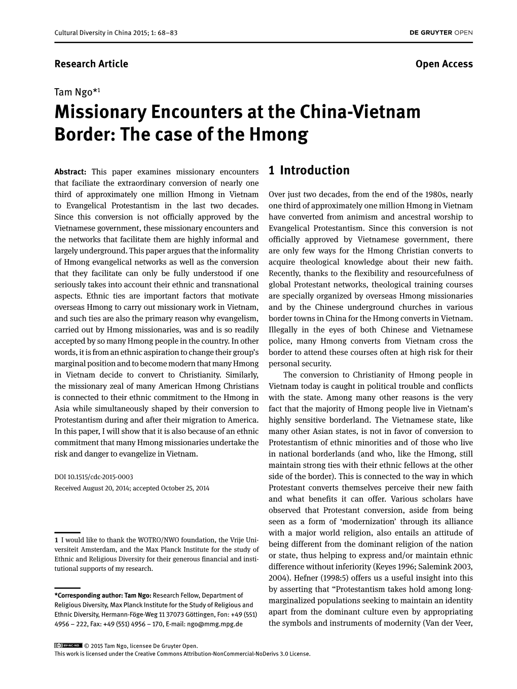 Missionary Encounters at the China-Vietnam Border: the Case of the Hmong