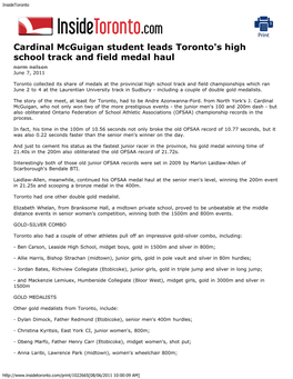 Cardinal Mcguigan Student Leads Toronto's High School Track and Field Medal Haul Norm Nelson June 7, 2011