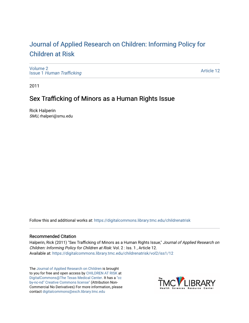 Sex Trafficking of Minors As a Human Rights Issue