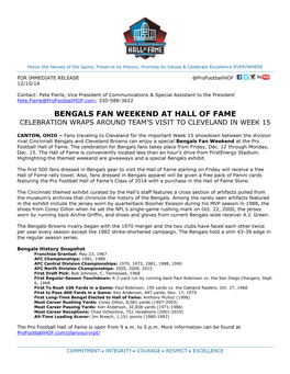Bengals Fan Weekend at Hall of Fame Celebration Wraps Around Team’S Visit to Cleveland in Week 15