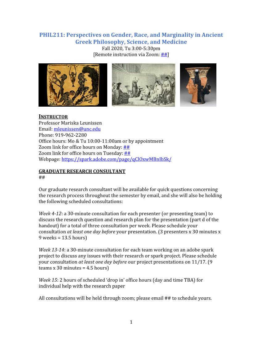 Perspectives on Gender, Race, and Marginality in Ancient Greek Philosophy, Science, and Medicine Fall 2020, Tu 3:00-5:30Pm [Remote Instruction Via Zoom: ##]