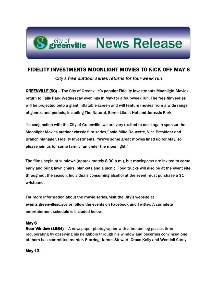 Fidelity Investments Moonlight Movies to Kick Off May 6