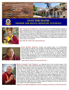 Save-The-Dates Summer 2018 Special Rinpoche Teachings