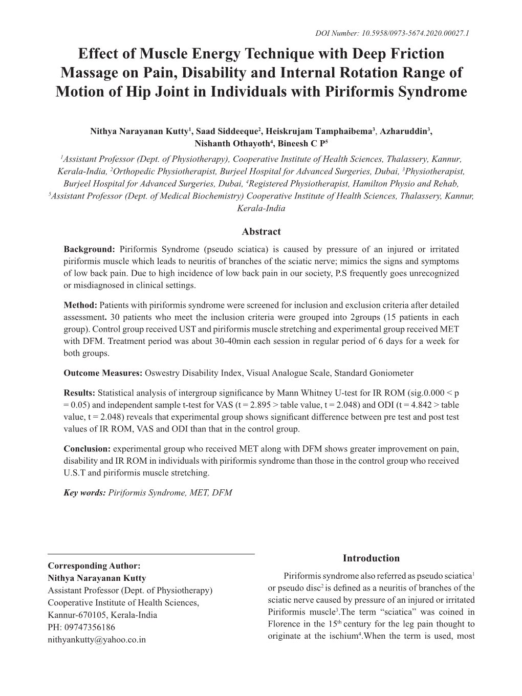 Effect of Muscle Energy Technique with Deep Friction Massage on Pain, Disability and Internal Rotation Range of Motion of Hip J