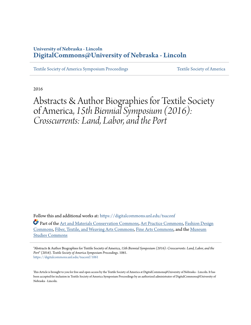 Abstracts & Author Biographies for Textile Society of America, 15Th