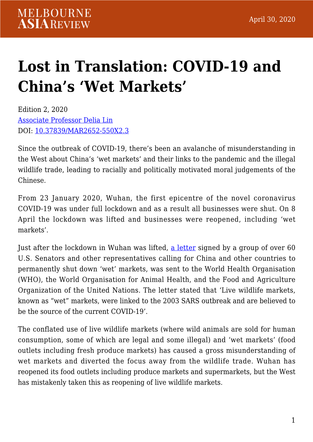 COVID-19 and China's 'Wet Markets'