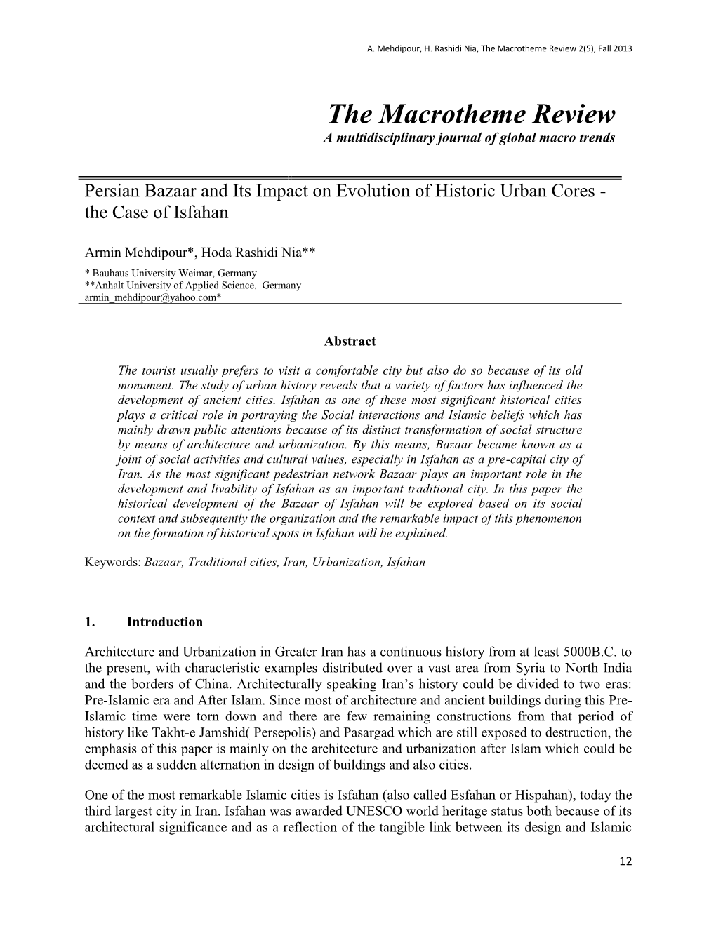 Persian Bazaar and Its Impact on Evolution of Historic Urban Cores - the Case of Isfahan