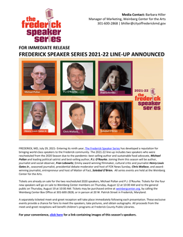 7/29/21 Frederick Speaker Series 2021-22 Line-Up Announced