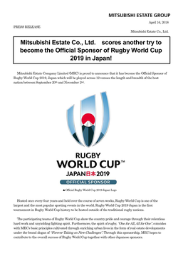 Mitsubishi Estate Co., Ltd. Scores Another Try to Become the Official Sponsor of Rugby World Cup 2019 in Japan!