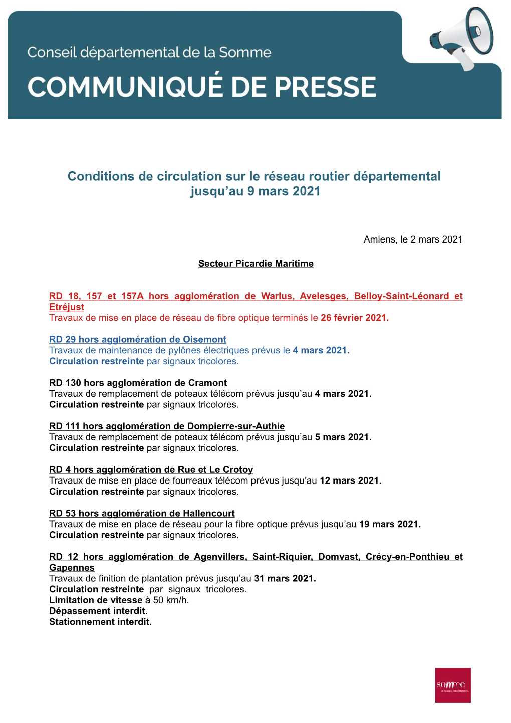 Conditions De Circulation Sur Le Réseau Routier Départemental Jusqu'au 9