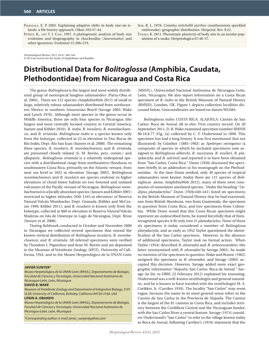 Distributional Data for Bolitoglossa (Amphibia, Caudata, Plethodontidae) from Nicaragua and Costa Rica