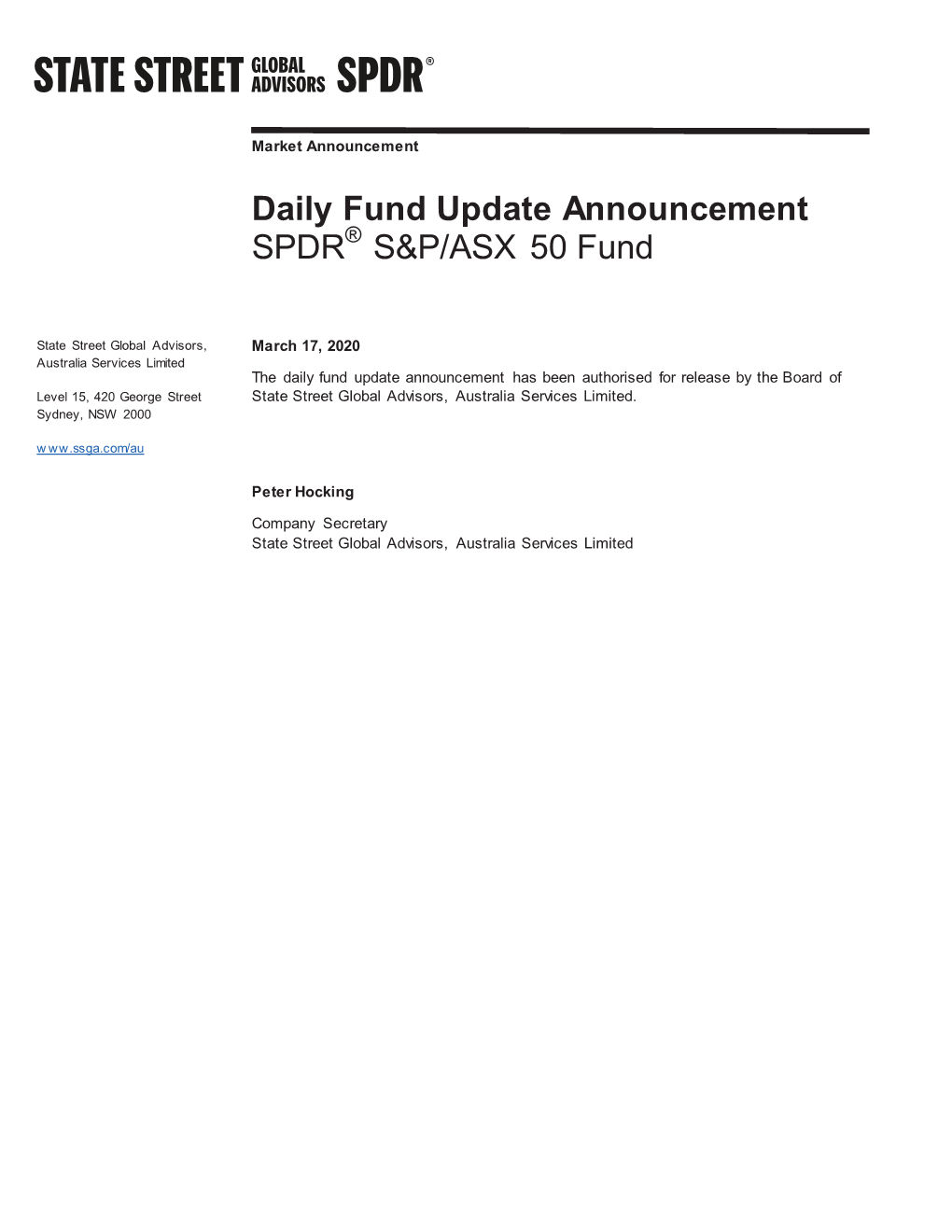 Daily Fund Update Announcement SPDR S&P/ASX 50 Fund