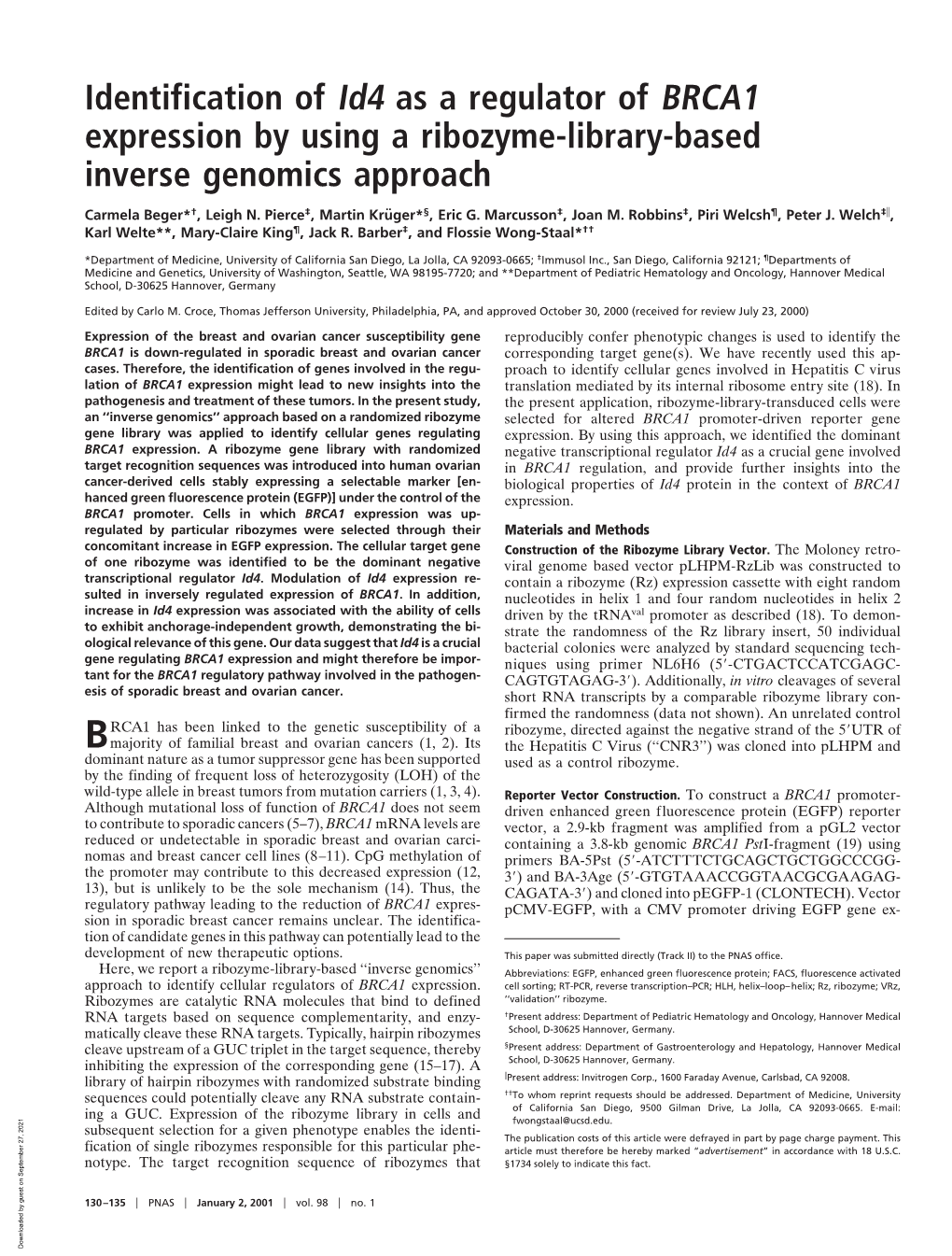 Identification of Id4 As a Regulator of BRCA1 Expression by Using a Ribozyme-Library-Based Inverse Genomics Approach