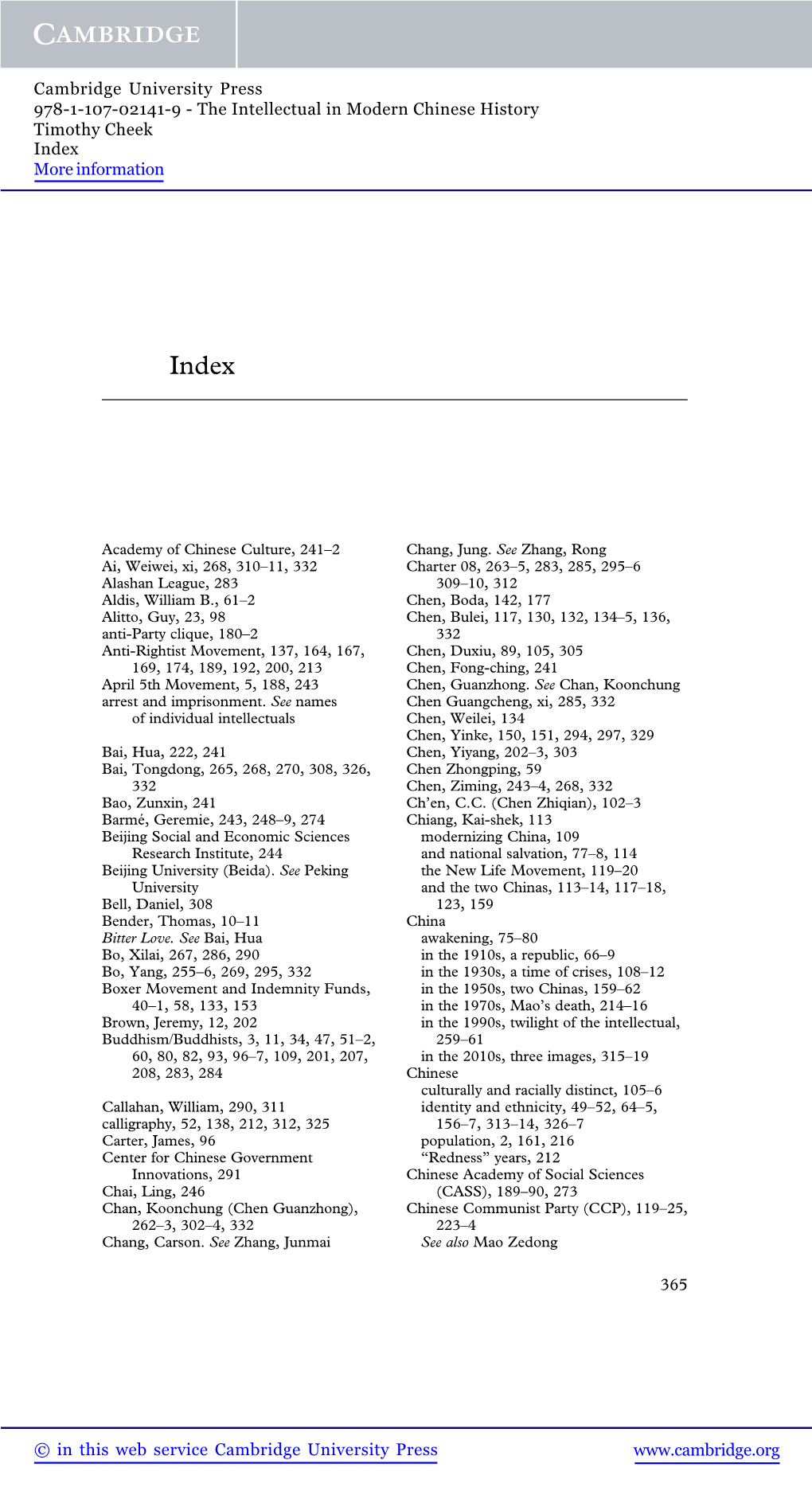 The Intellectual in Modern Chinese History Timothy Cheek Index More Information