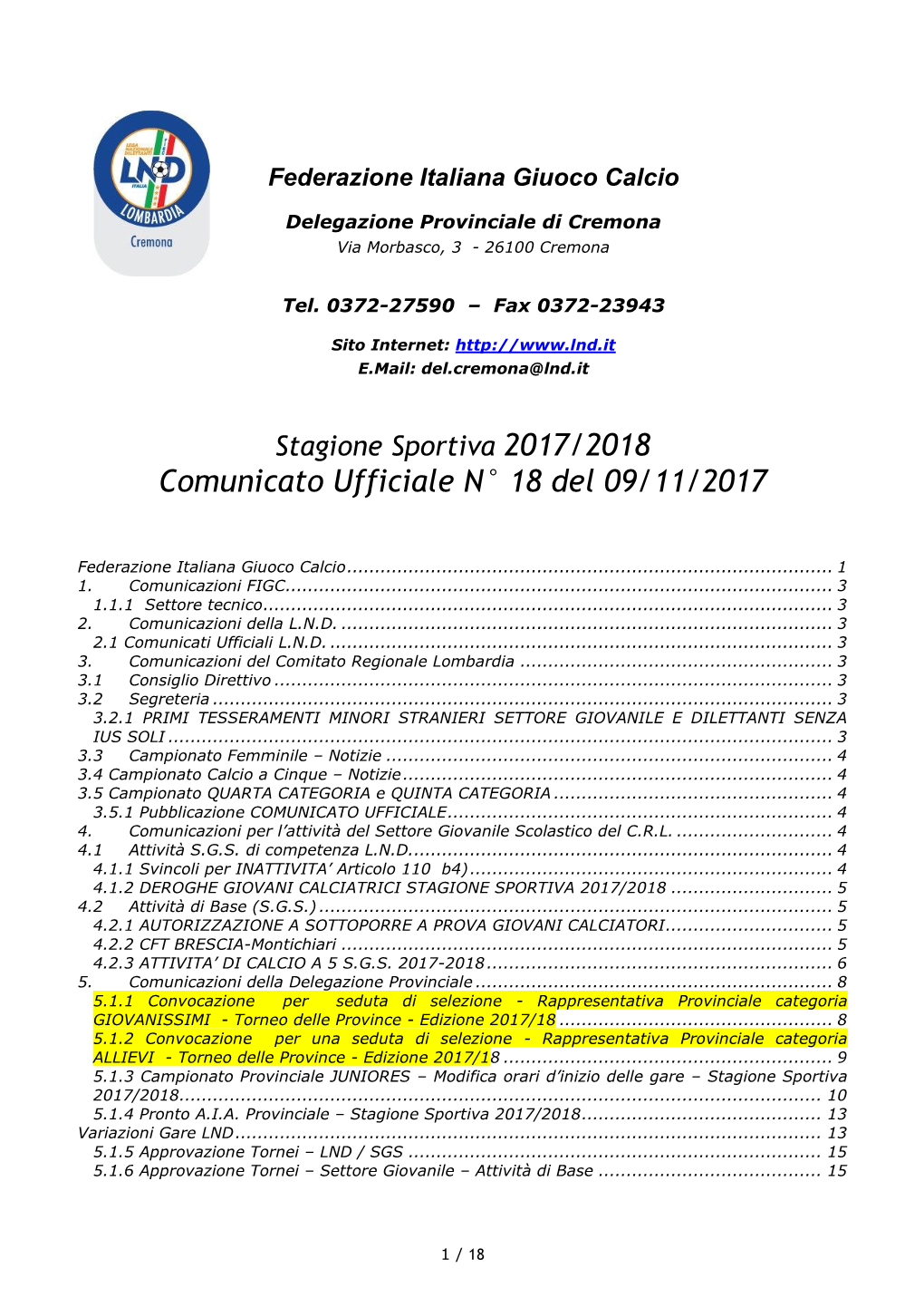 Comunicato Ufficiale N° 18 Del 09/11/2017