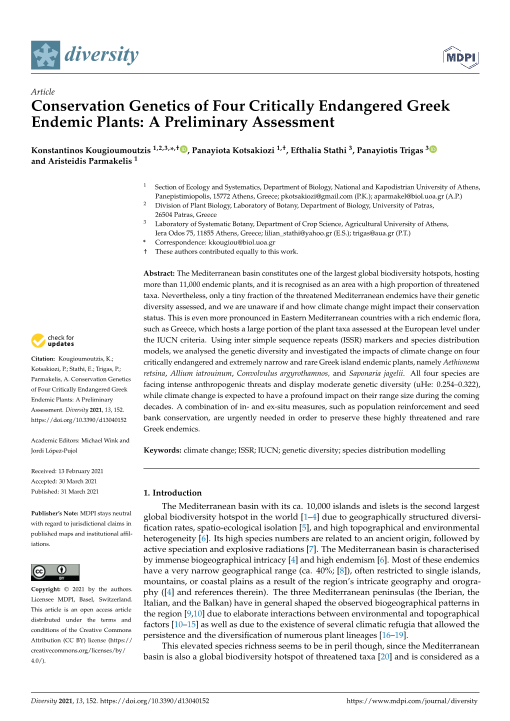 Conservation Genetics of Four Critically Endangered Greek Endemic Plants: a Preliminary Assessment