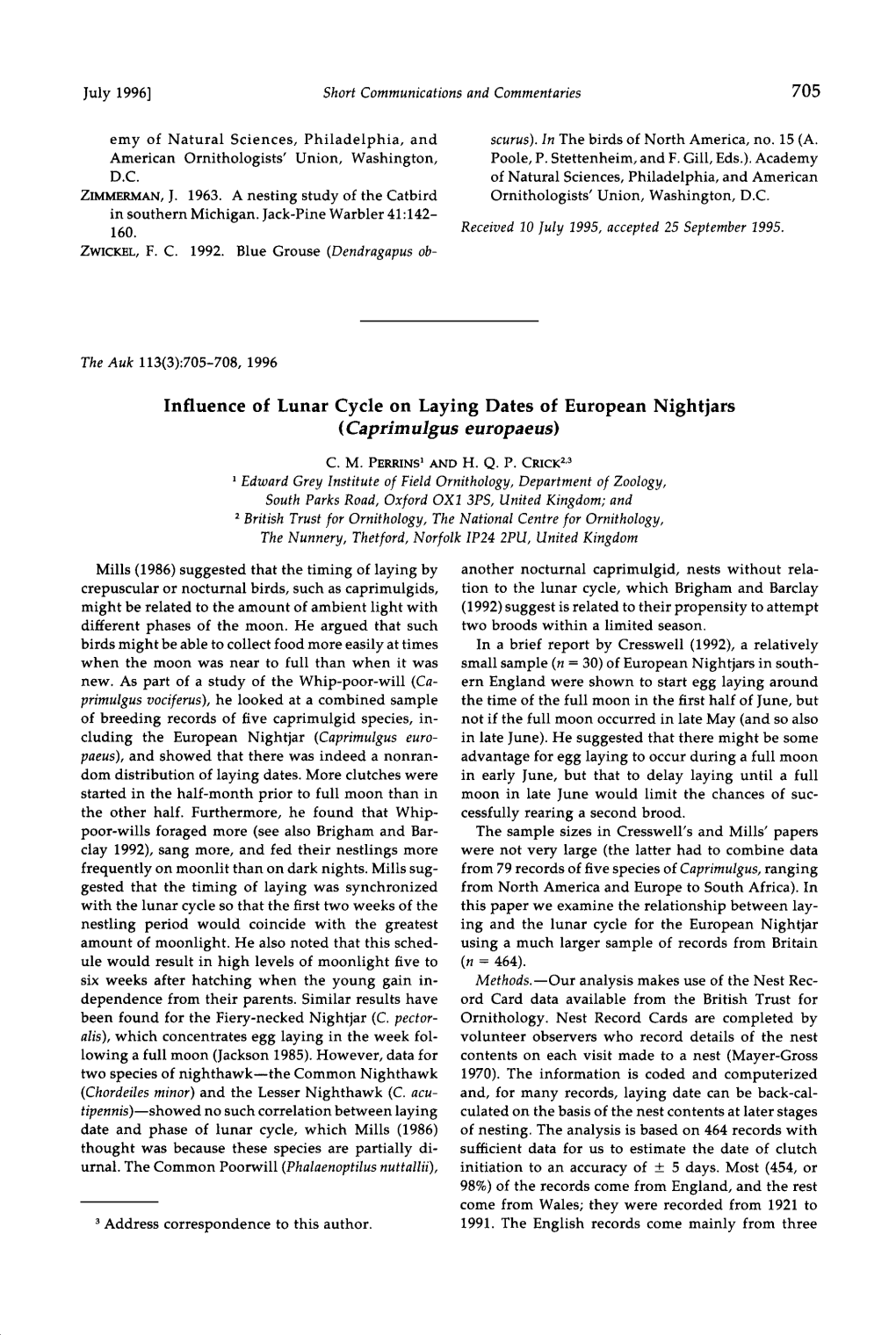 Influence of Lunar Cycle on Laying Dates of European Nightjars