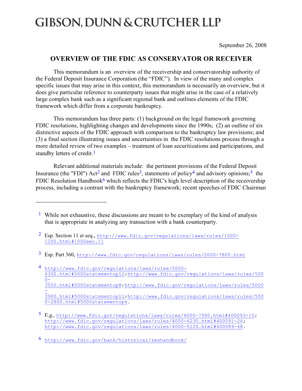 Overview of the Fdic As Conservator Or Receiver