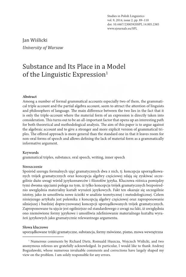 Substance and Its Place in a Model of the Linguistic Expression1