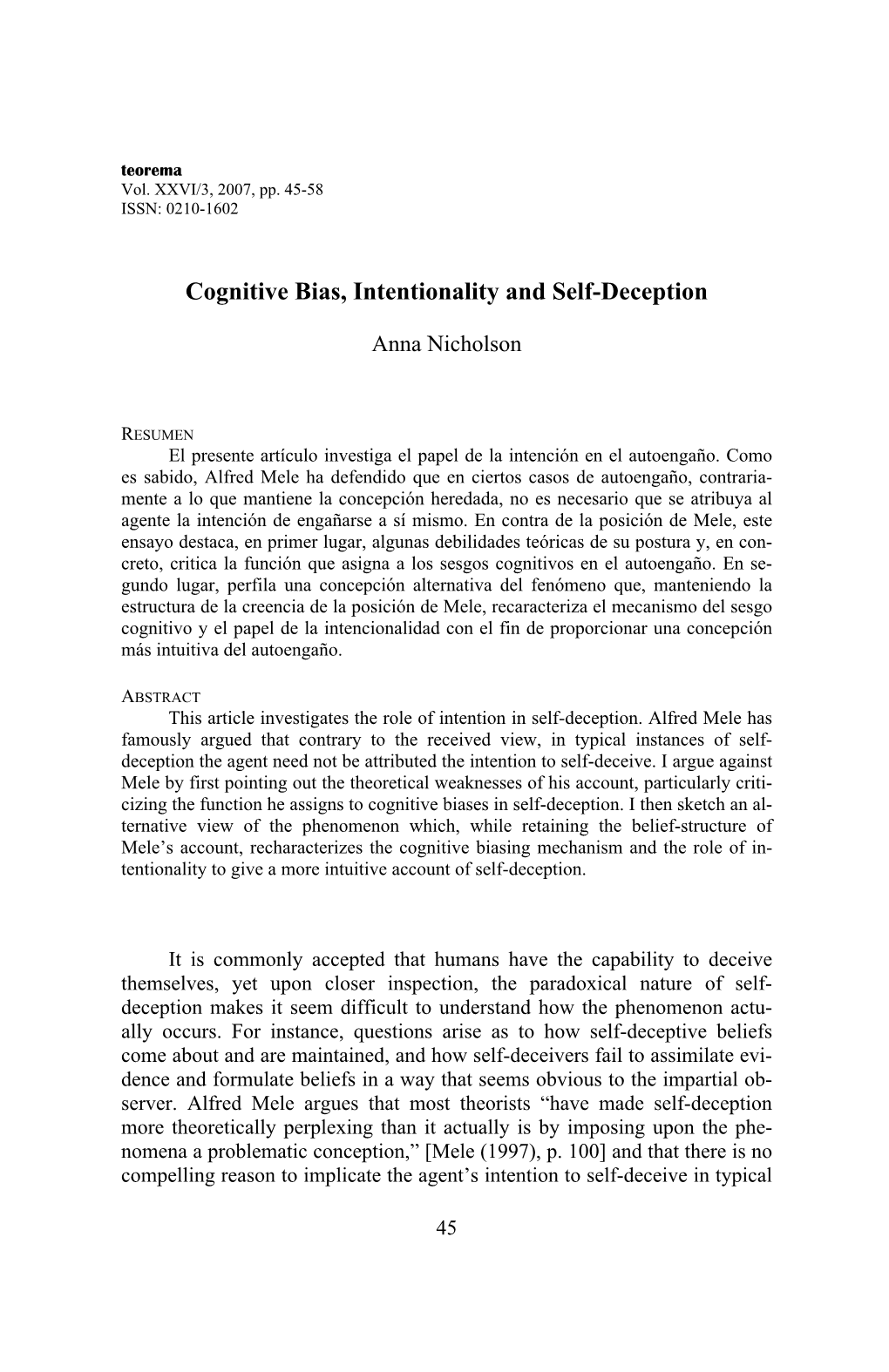 Cognitive Bias, Intentionality and Self-Deception