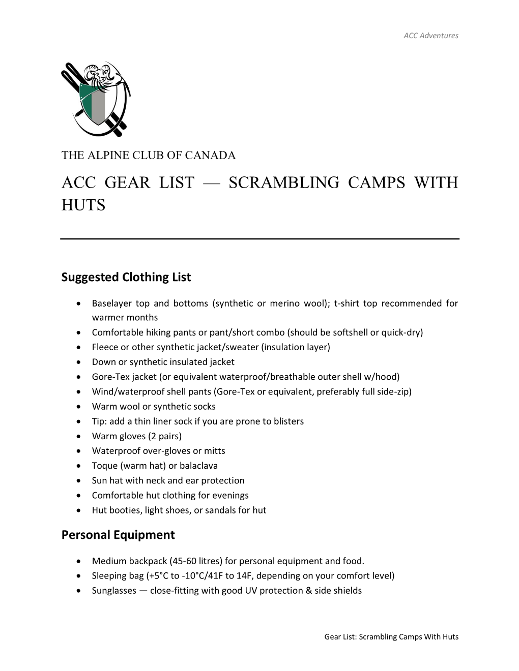 Acc Gear List — Scrambling Camps with Huts