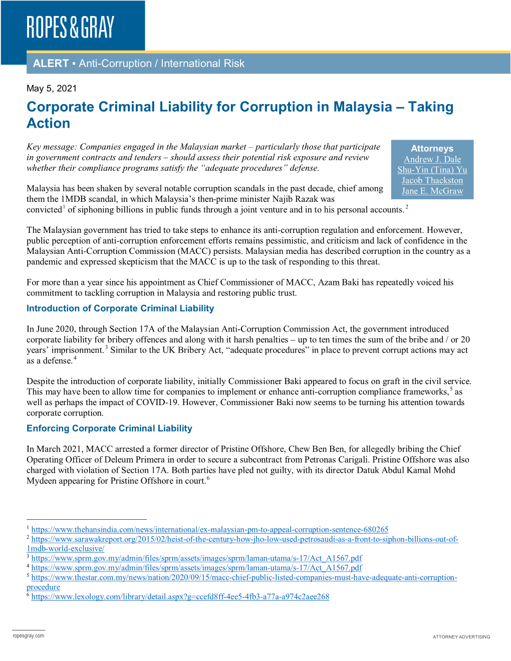 Corporate Criminal Liability for Corruption in Malaysia – Taking Action