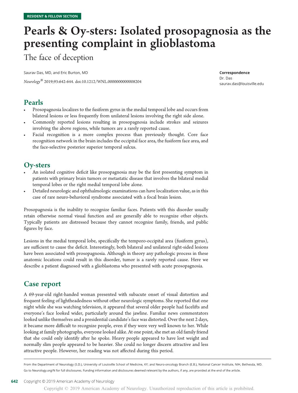 Isolated Prosopagnosia As the Presenting Complaint in Glioblastoma the Face of Deception