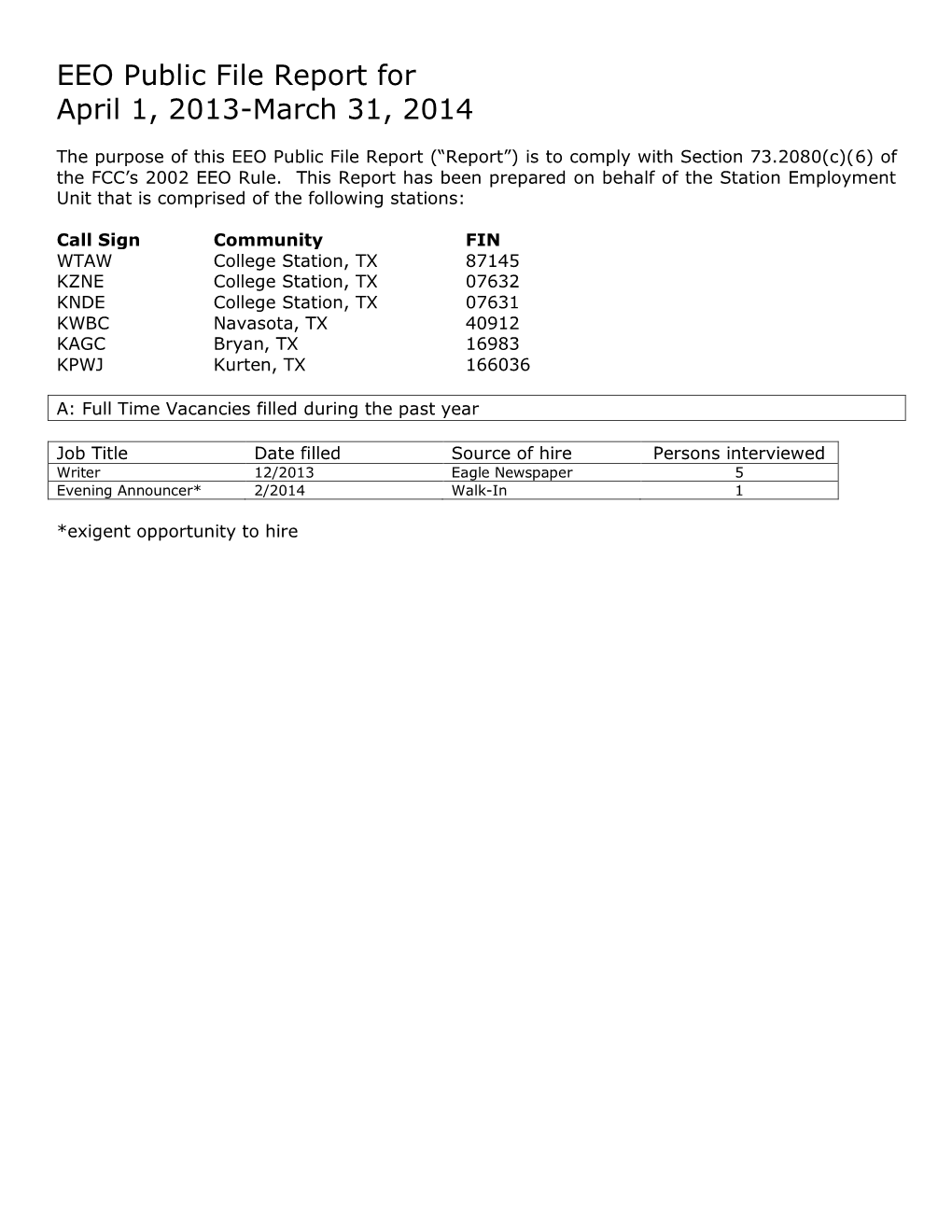 EEO Public File Report for April 1, 2013-March 31, 2014