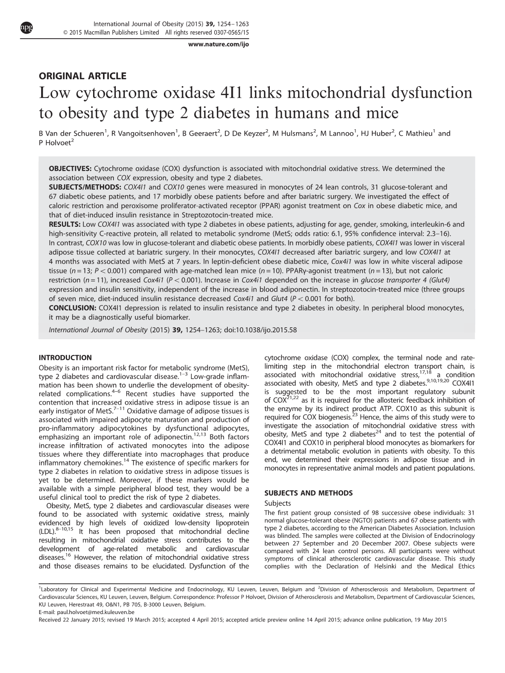 Low Cytochrome Oxidase 4I1 Links Mitochondrial Dysfunction to Obesity and Type 2 Diabetes in Humans and Mice