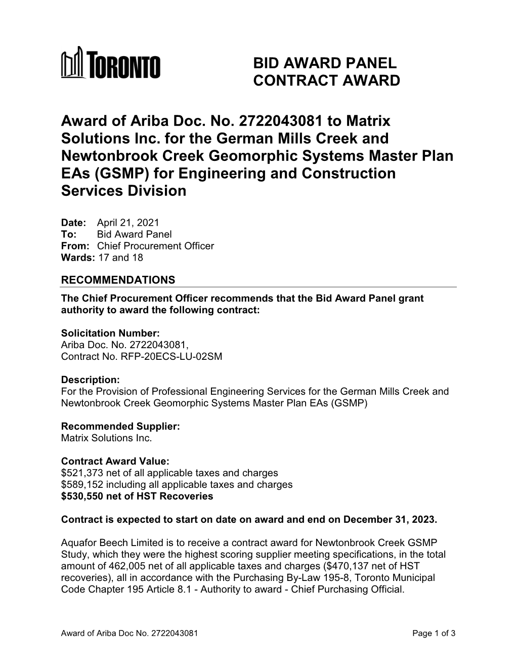 Award of Ariba Doc. No. 2722043081 to Matrix Solutions Inc. for The