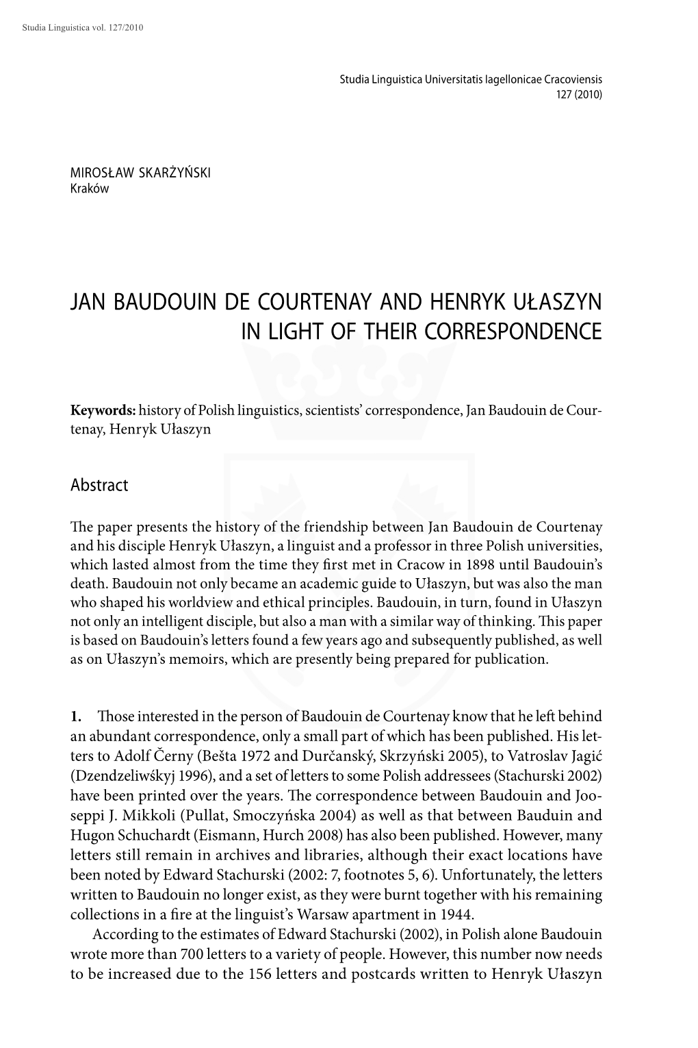 Jan Baudouin De Courtenay and Henryk Ułaszyn in Light of Their Correspondence