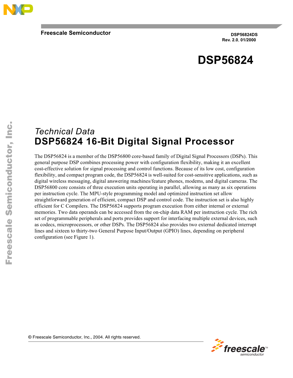 DSP56824DS, DSP56824 16-Bit Digital Signal Processor Technical