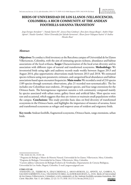 Birds of Universidad De Los Llanos (Villavicencio, Colombia): a Rich Community at the Andean Foothills-Savanna Transition*