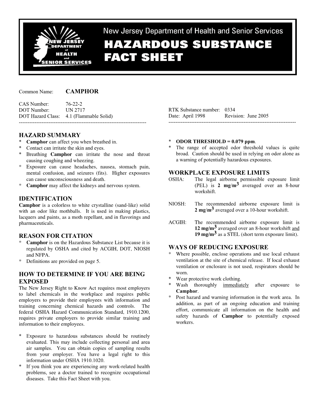 Camphor Hazard Summary Identification Reason For