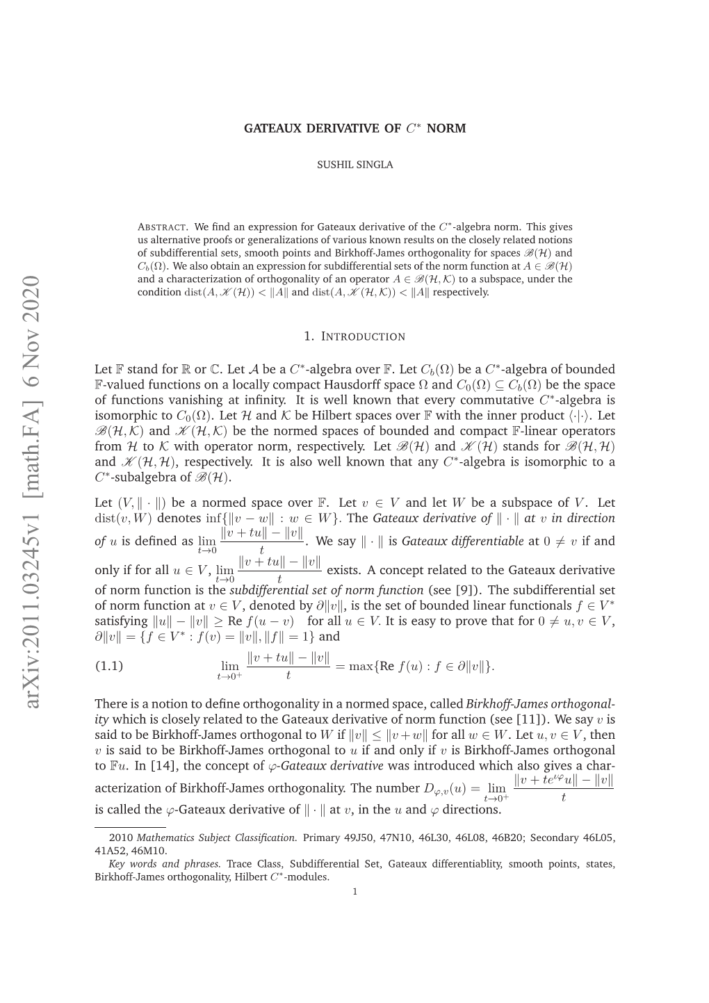 Arxiv:2011.03245V1 [Math.FA] 6 Nov 2020 V from Ceiaino Ikofjmsotooaiy H Number the Orthogonality