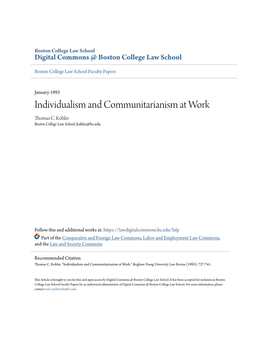 Individualism and Communitarianism at Work Thomas C
