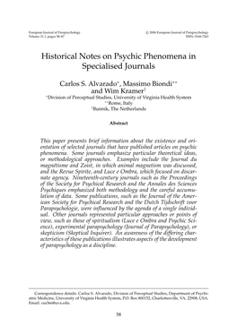 Historical Notes on Psychic Phenomena in Specialised Journals